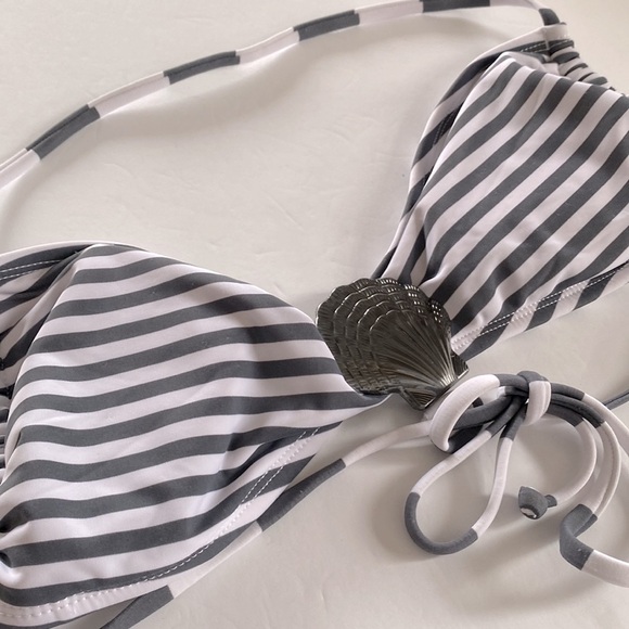 Hobie Gray and white stripped bandeau halter bikini TOP ONLY, Size M - Picture 3 of 7